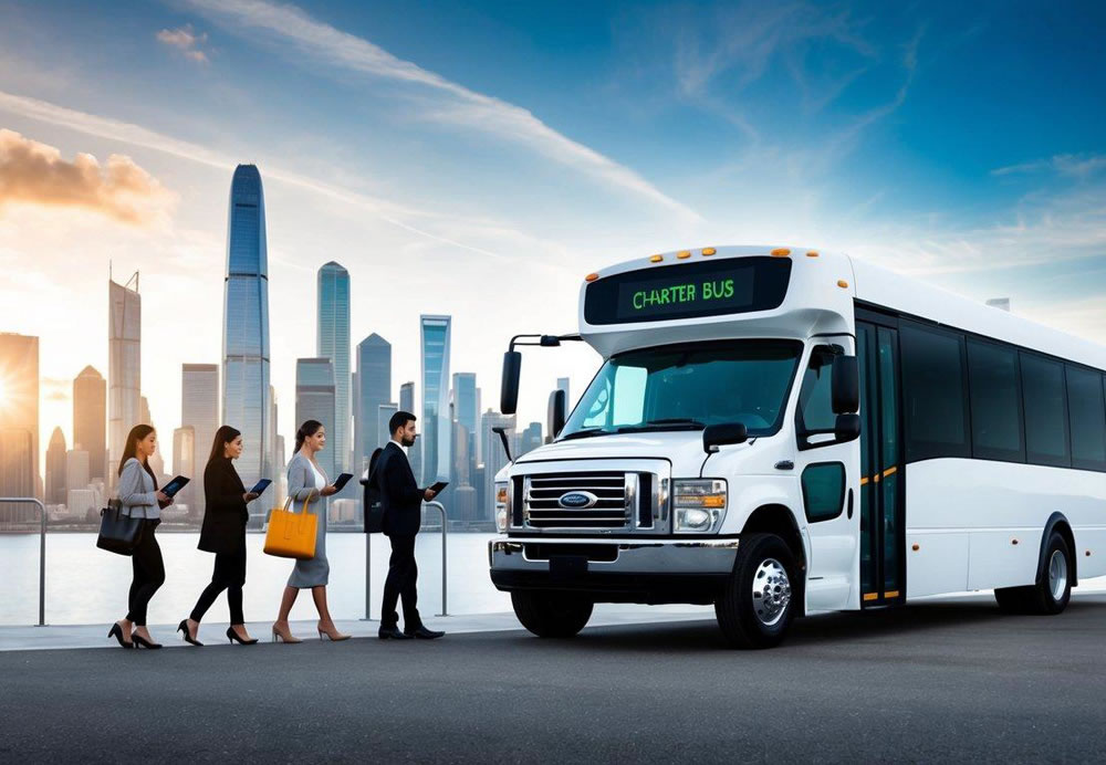 A charter bus parked in front of a futuristic city skyline, with passengers boarding and making payments with Bitcoin through a digital payment terminal