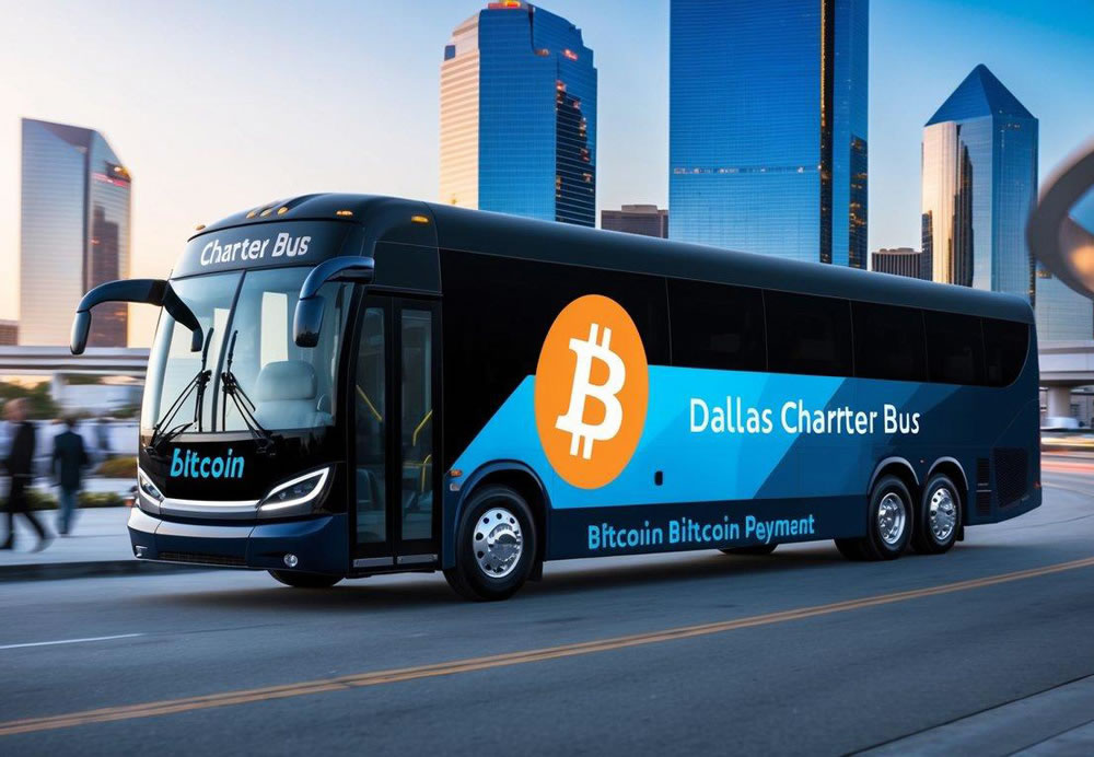 A futuristic Dallas charter bus with a digital Bitcoin payment logo on the side, surrounded by modern cityscape and bustling streets
