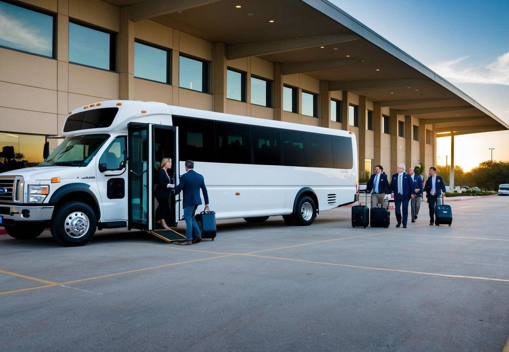 A charter bus parked outside a convention center in Dallas, Texas, with a group of people boarding and unloading luggage