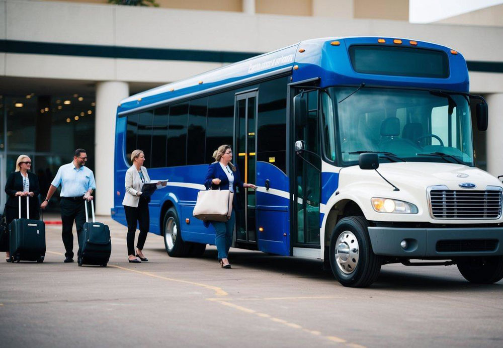 A charter bus parked outside a convention center in Dallas, with people boarding and unloading luggage